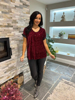 Wine Velour Sequin Trim Top Gabby